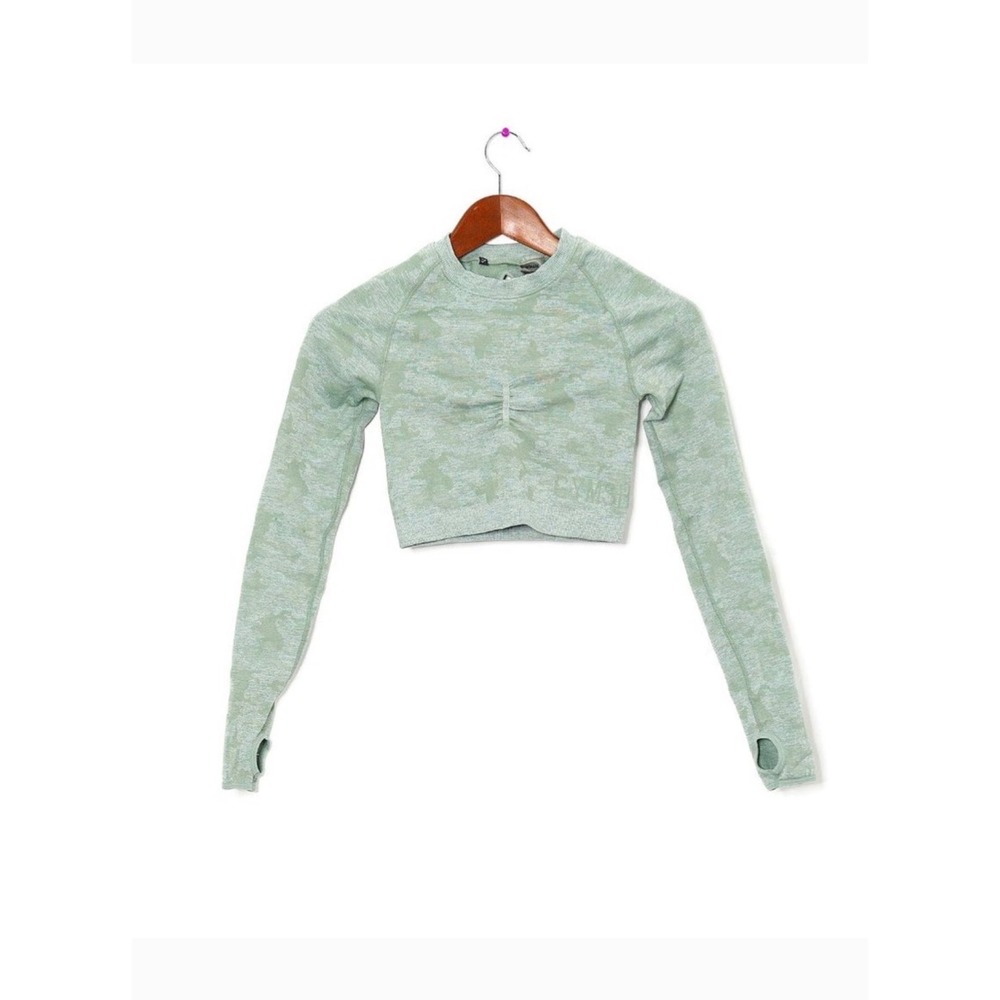 Gymshark‎ Crop Top Womens S Green Camo Adapt Seamless Long Sleeve Workout Shirt